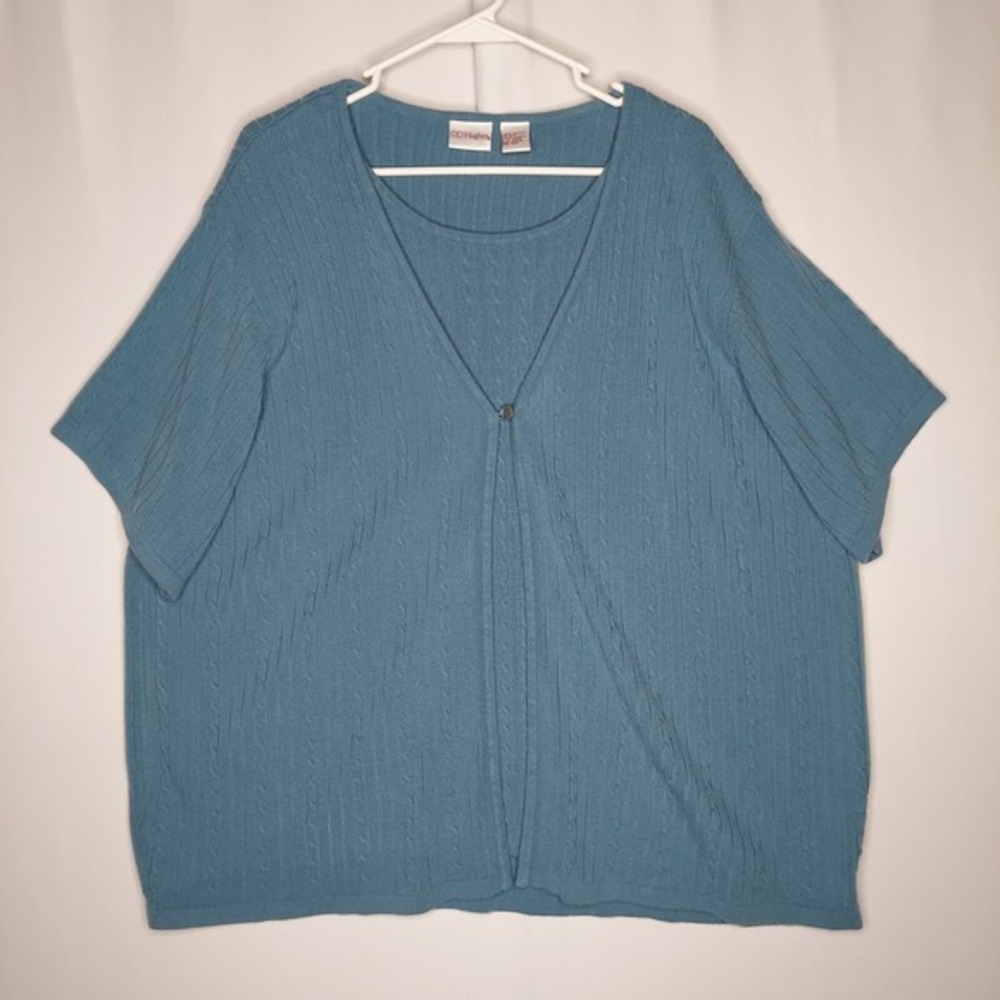 Vtg CC Hughes‎ Faux Cable Knit Cardigan Top Women 26W Short Sleeve One-Button